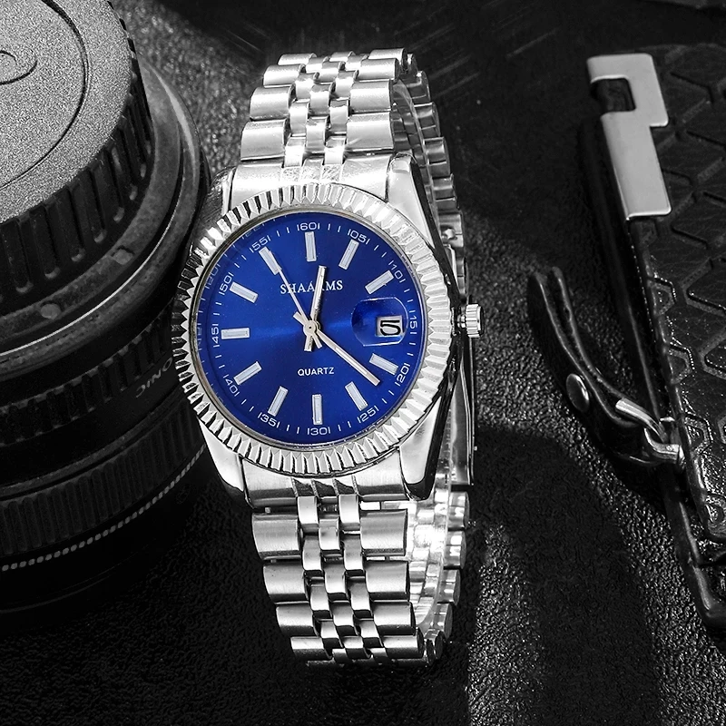 Watches Mens Top Brand Luxury Blue Watch Calendar With Stainless Steel Band Fashion Business Quartz Wristwatch Relogio Masculino