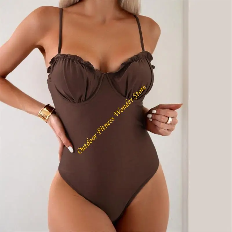 

E8BF Women Push Up Swimsuit 1 Piece Swiming Costume Monkini Ruffled Trim Swimwears Adjustable Shoulder Strap Bathing Suit