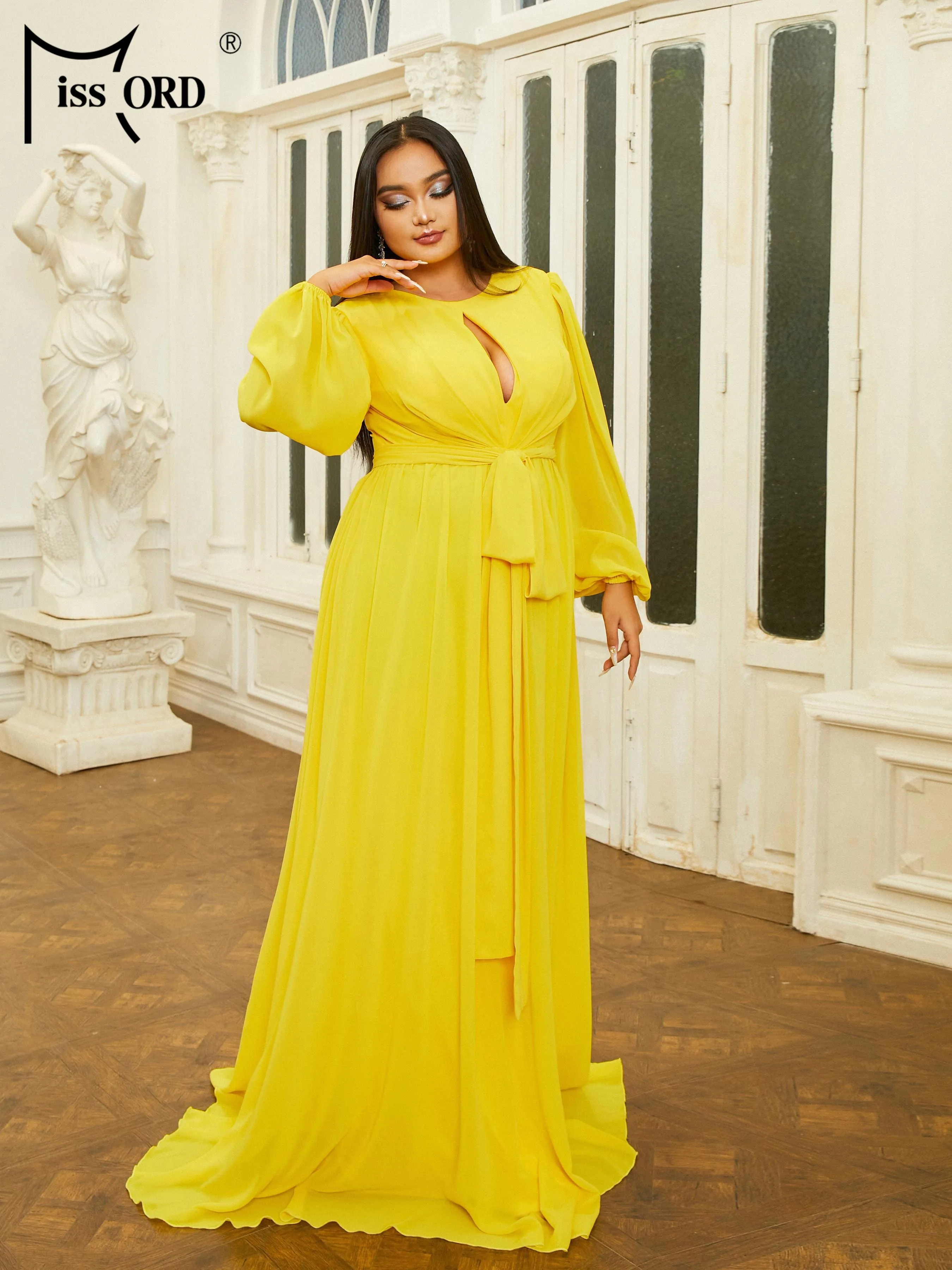 Missord New Plus Size Yellow Cutout Round Neck Long Sleeve A-line Evening Prom Party Formal Occasion Dresses