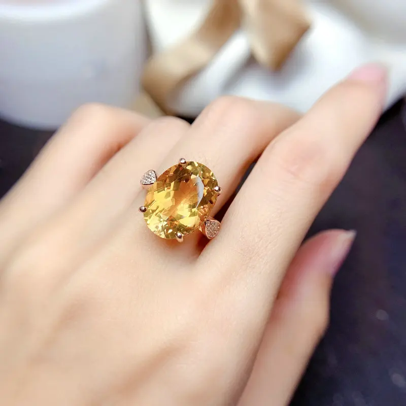 S925Sterling Silver Women Ring New Design Natural Yellow Crystal Large Particle Open Color Gemstone Fine Jewelry  Yellow Diamond