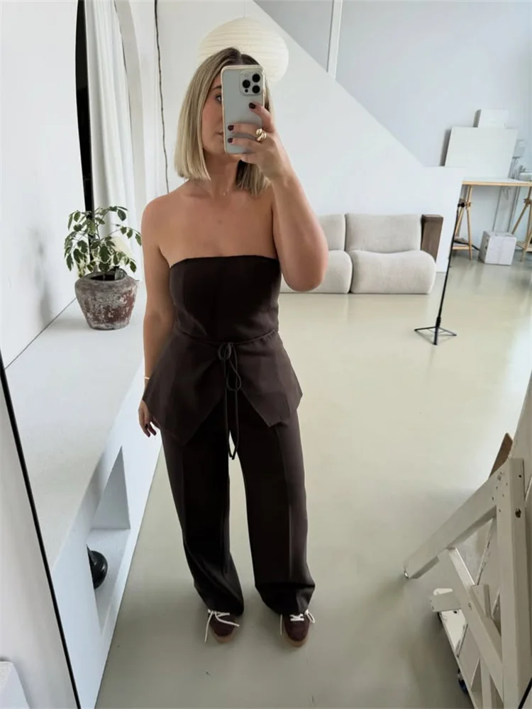 여성 바지 세트 섹시한 백 레이스 스트랩 민소매 레이스 업 조끼 느슨한 넓은 다리 바지 정장 여성 여름 패션 레이디 의상