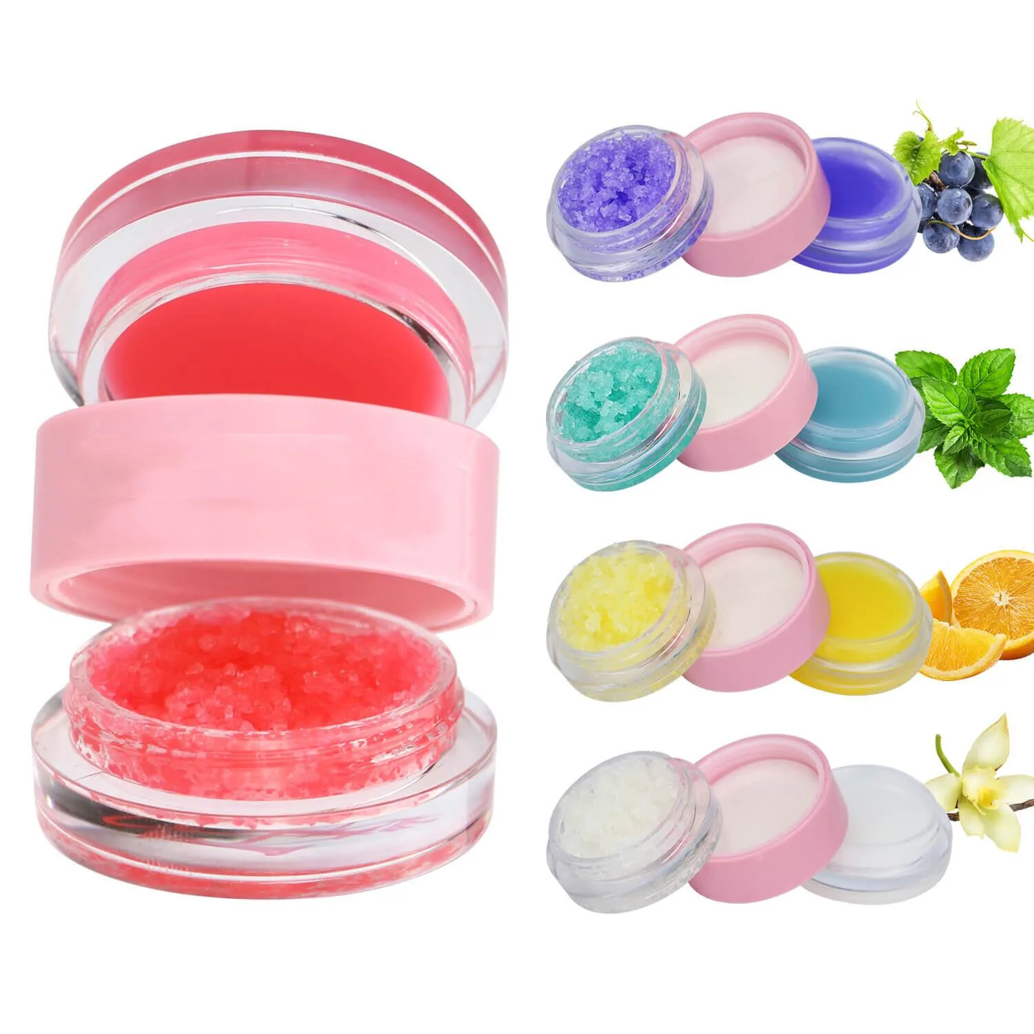 

10pcs Custom Logo Makeup Lip Scrub Wholesale 2 in 1 Moustirzing Lip Balm Private Label Sugar Vegan Fruit Lip Scrub