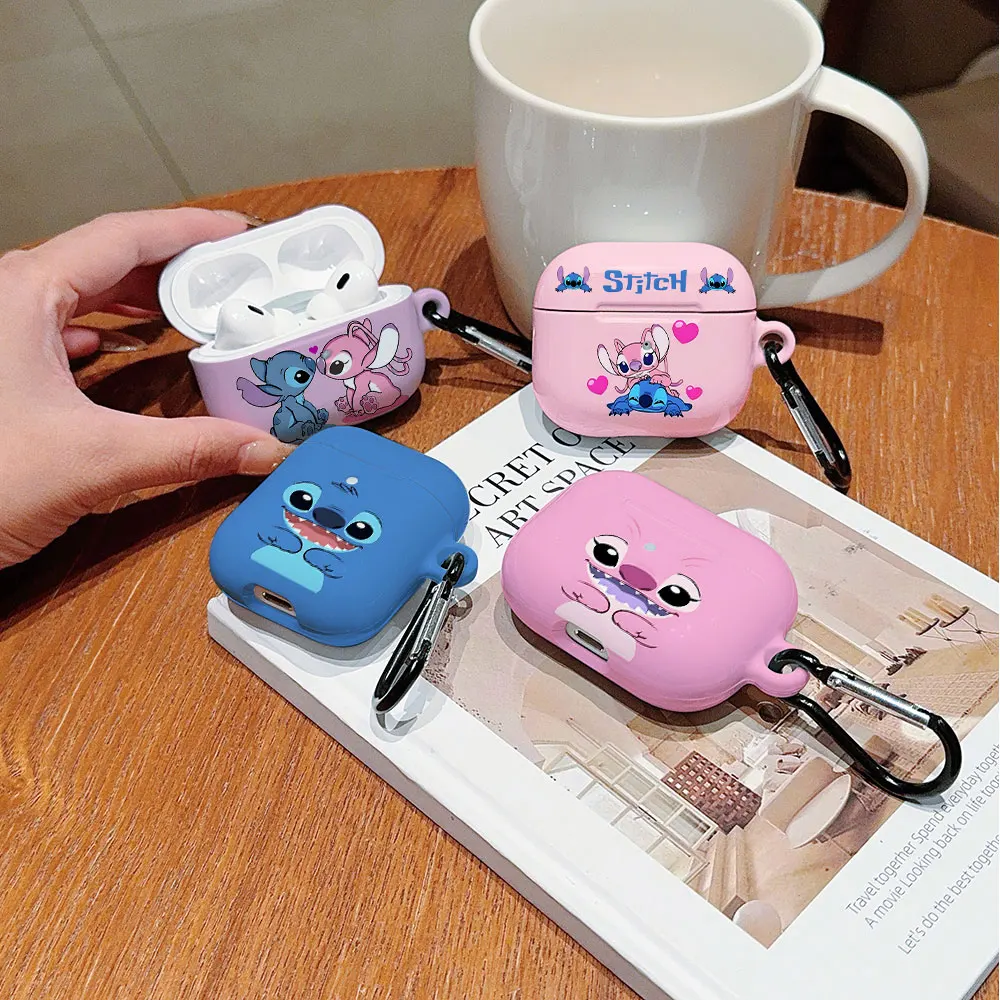 Cute Disneys Stitchs Shockproof Protective Glossy HD Hard PC Earphone Cover Case For AirPods 1 2 3 4 Pro Pro2 with Metal Hook