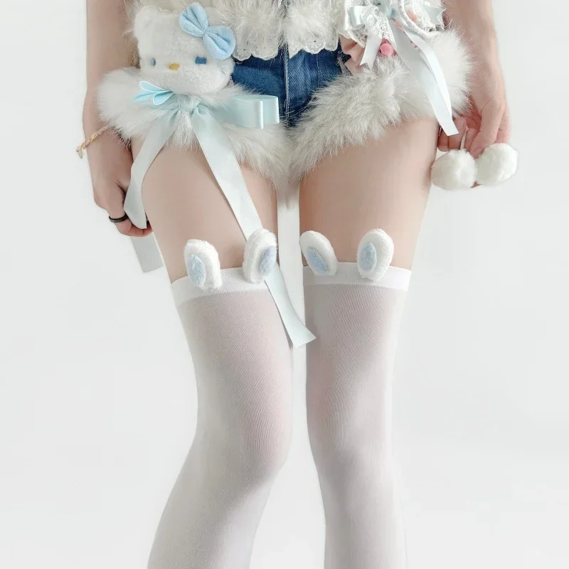 Women Japanese Bunny Ear Thigh High Stockings Thin Sheer Lolita Long Socks Sweet Aesthetic Over Knee Legwear For Dress Matching