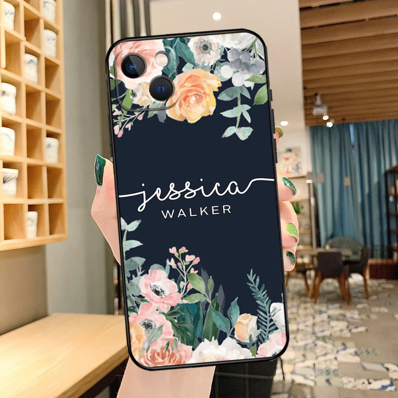 PERSONALISIERTE Blumen-Namensabdeckung für iPhone 14 15 16 Pro Max XS XR X Hülle für iPhone 11 12 13 Pro Max Mini Plus