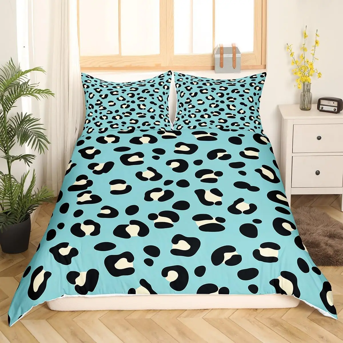 Teal Leopard Print Duvet Cover Set Wild Cheetah Bedding Set with Pillowcases African Wildlife Quilt Cover Beige Black Double