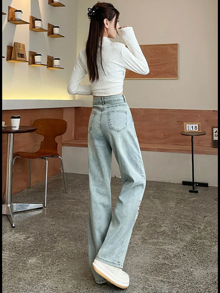 Jean Vintage Bleu Taille Haute pour Femme, Streetwear Brodé à la Mode Américaine, Jambes Larges, Surintendant, Pantalon Baggy Droit Y2K