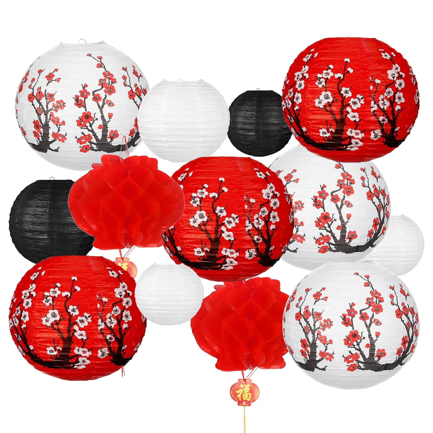 Chinese Japanese Paper Lanterns, Hanging Cherry Plum Blossom Round Party Lanterns for Oriental Restaurant Wedding Birthday Party