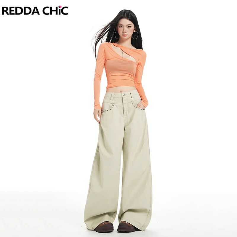 

Женские плиссированные джинсы REDDACHiC, однотонные, винтажные, с высокой талией, с карманами и заклепками, прямые широкие брюки-бойфренды для повседневной носки