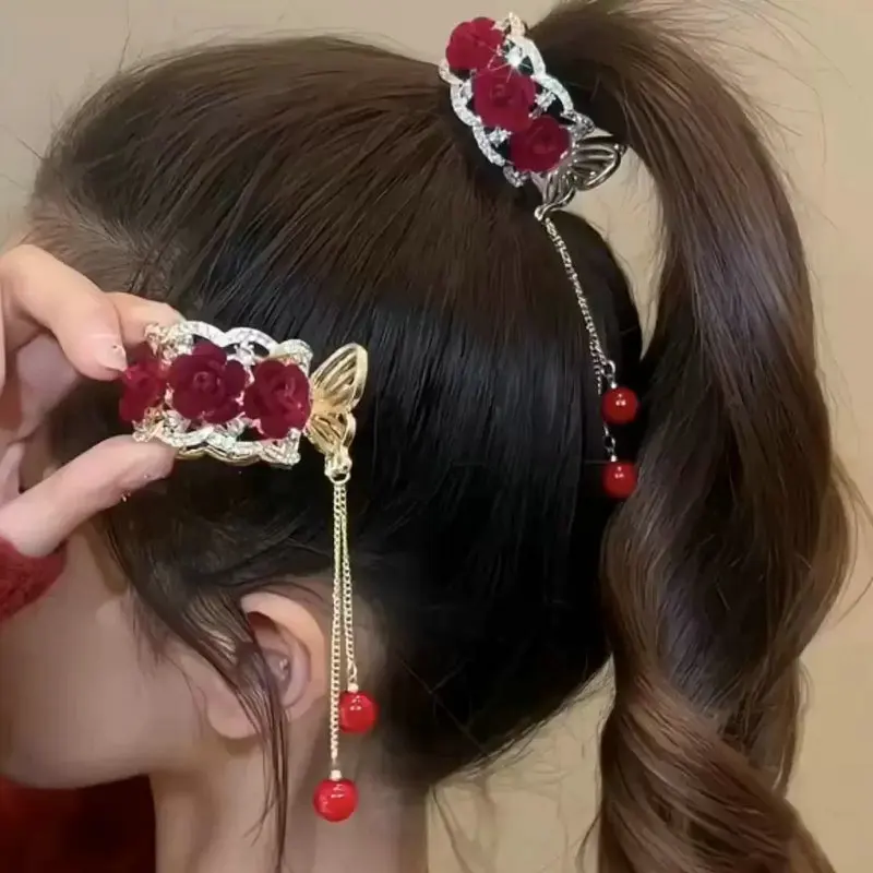 Shine Flocking Rose Rhinestone Hairpins for Women High Horsetail Long Tassel Crystal Hair Accessories Wedding Banquet Jewelry