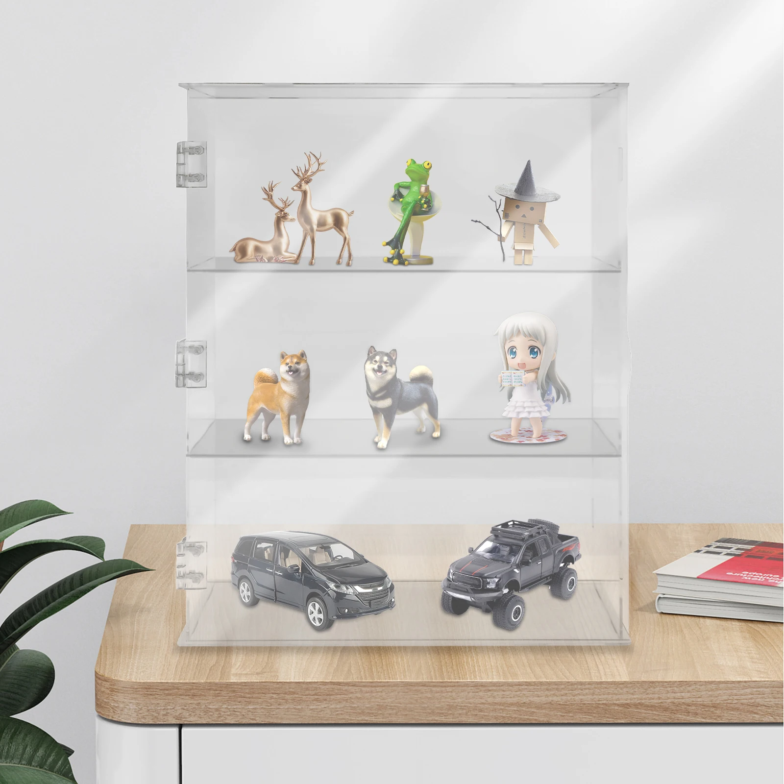 3-Tier Rectangle Display Shelf Sturdy and Durable Large Storage Space for Displaying Dolls Toy Models Die-Cast Cars Transparent