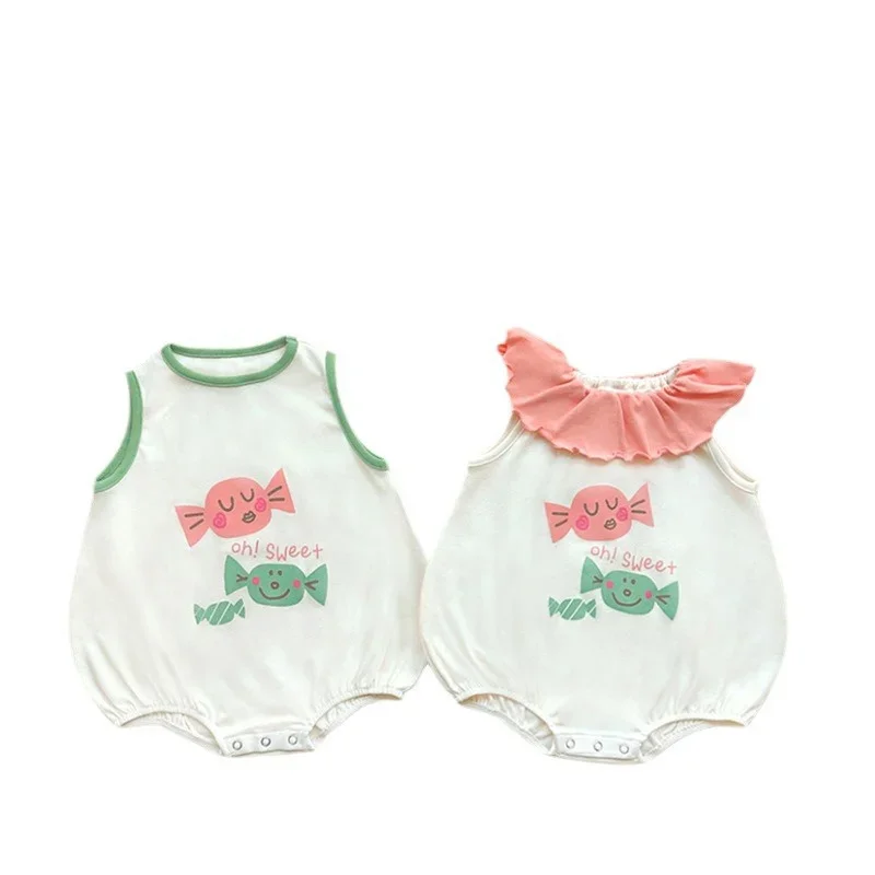 2pcs Funny Candy Newborn Baby Girl Clothes Summer Lovely one-Piece Baby Boy Bodysuits Infant Cotton Short Jumpsuit  with Hat