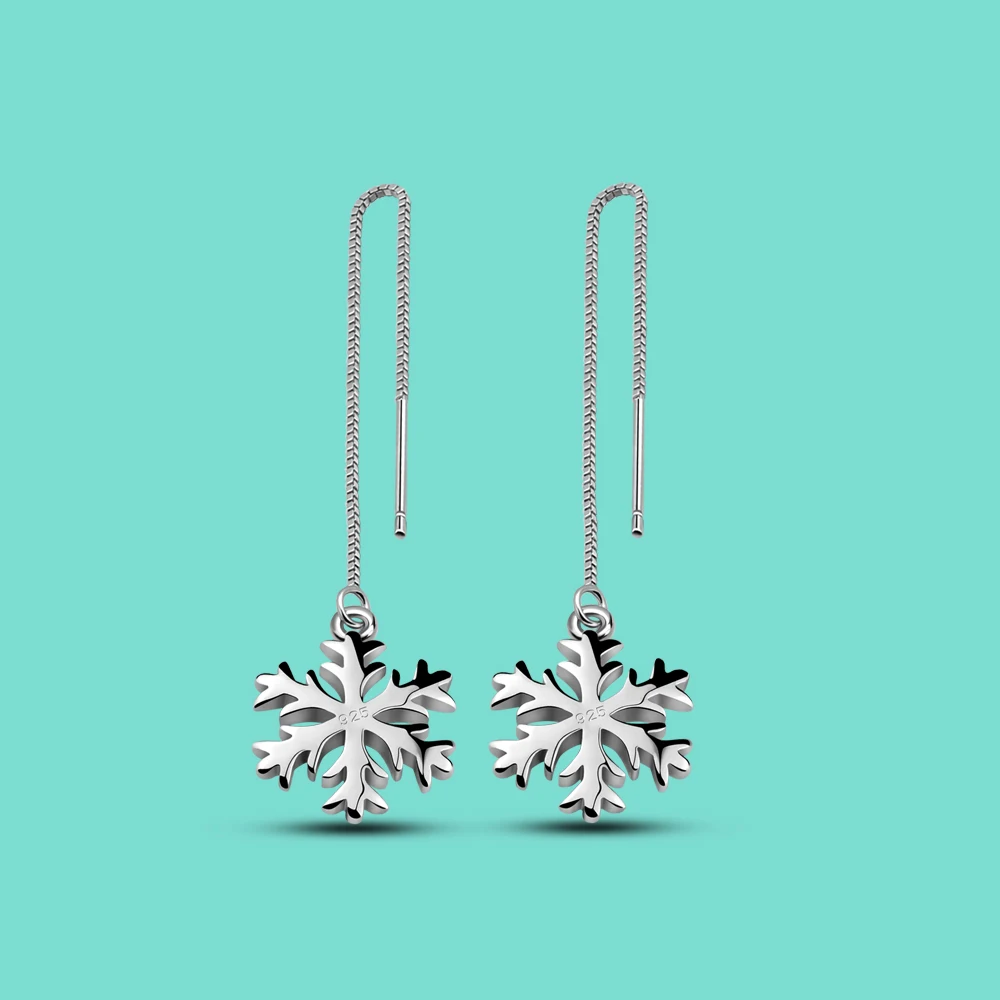 Long Style 925 Sterling Silver Earring For Women Snowflake Pendant Stud Exquisitely with Glittering Silver Chandelier Earrings