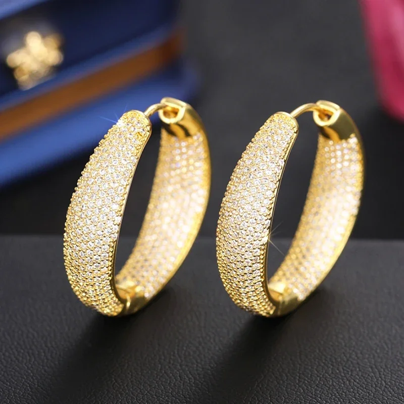 Huitan Bling Bling Hoop Earrings Silver Color/Gold Color Full CZ Luxury Trendy Earrings for Women Wedding Party Gorgeous Jewelry