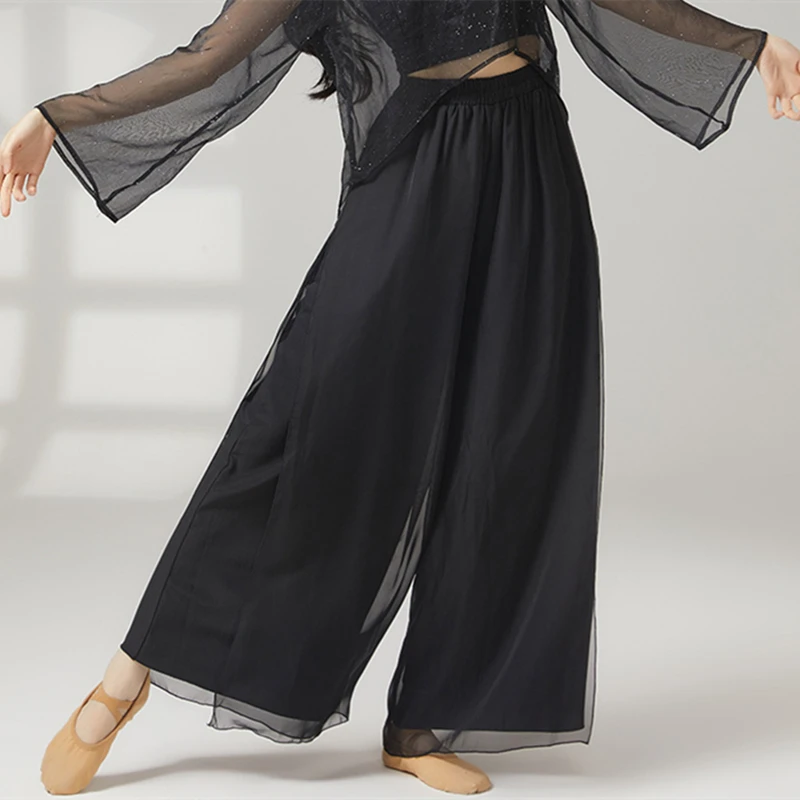 Klassieke dansbroek Dames Loose Fit Dubbellaags Zijsplit Chiffon Broek Wijde pijpen Broek Toneelkostuums Casual Lounge Wear