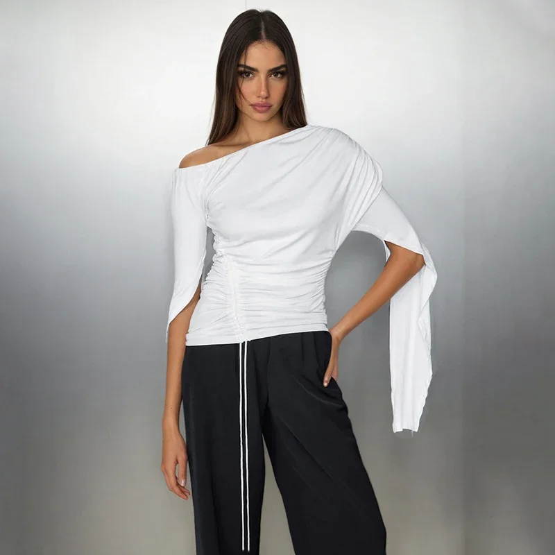 

Slanted Shoulder Long Sleeve Drawstring T shirt Top Women's Solid Irregular Splice Tanks Casual Club Party T shirt Lady