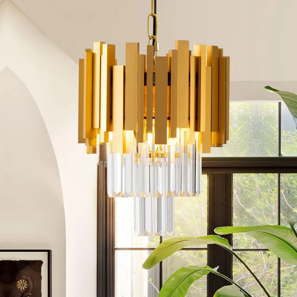 Modern Gold Round Crystal Chandelier Lighting For Dining Room Bedroom Fixtures Kitchen Island Adjustable Height Pendant Lamp