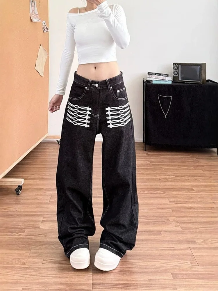 plus Size American High Street Embroidered Black Jeans Women's Loose Straight Leg Long Pants Autumn New Style Fashionable Wear