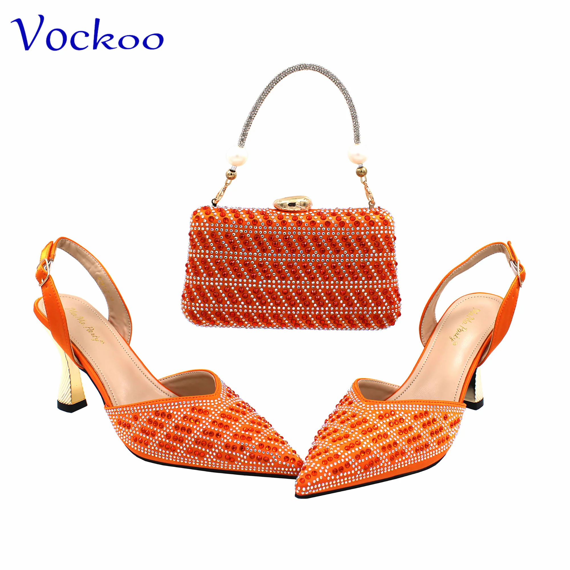 Orange Color with Shinning Crystal Super High Heels Sexy Style African Women Shoes and Bag Set for Wedding Party