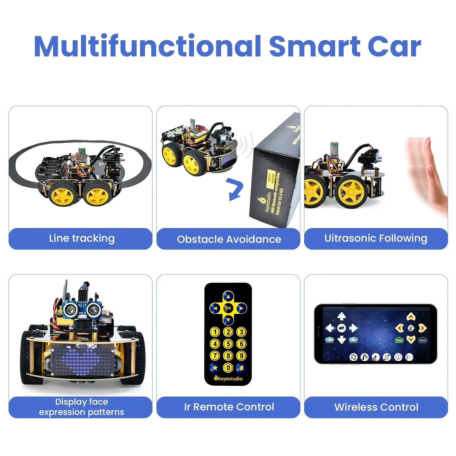 Keyestudio-Robot inteligente 4WD Multi BT para coche, dispositivo para Arduino, V2.0 actualizado con pantalla LED, Stem EDU, programación de arañazos