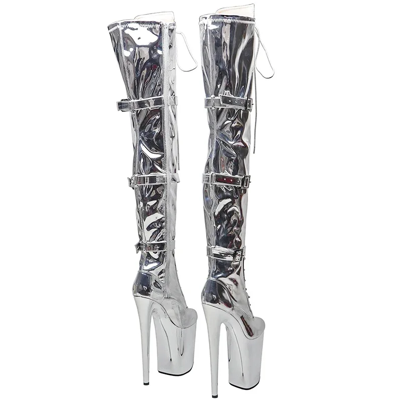 Leecabe 23CM/9 pulgadas botas sexis superiores de PU brillantes electrochapado plateado tacones altos plataforma zapatos de baile en barra