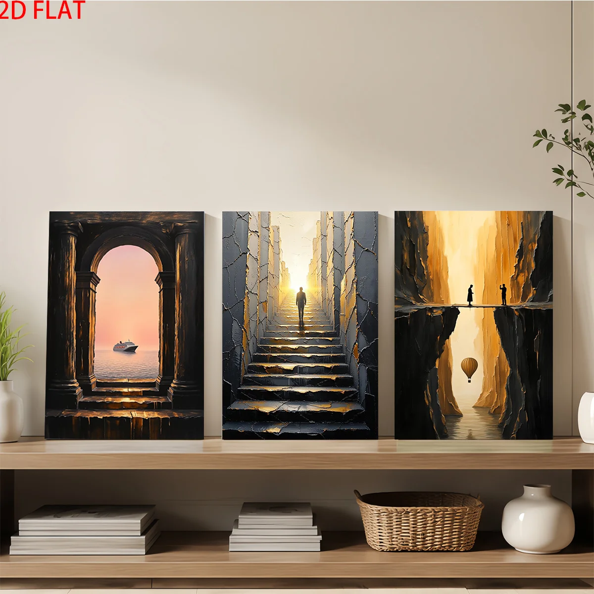 Frameless Canvas 2D Flat 3pc Wall Art – Three Paintings Show A Doorway A Staircase And A Bridge With Figures Perfect For Aest