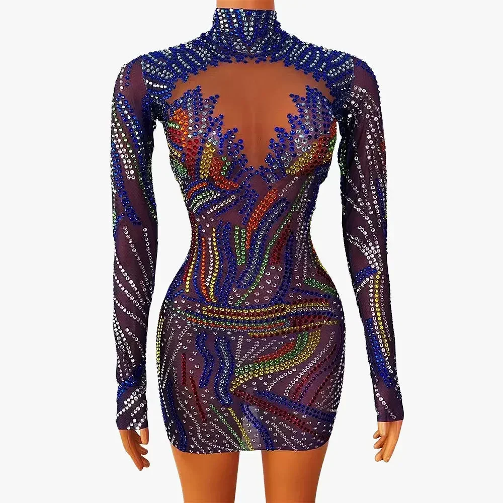 

Purple Shining Colorful Rhinestones Long Sleeve High Neck Sexy Women Sheath Dress Nightclub Prom Dance Stage Queen Costumes
