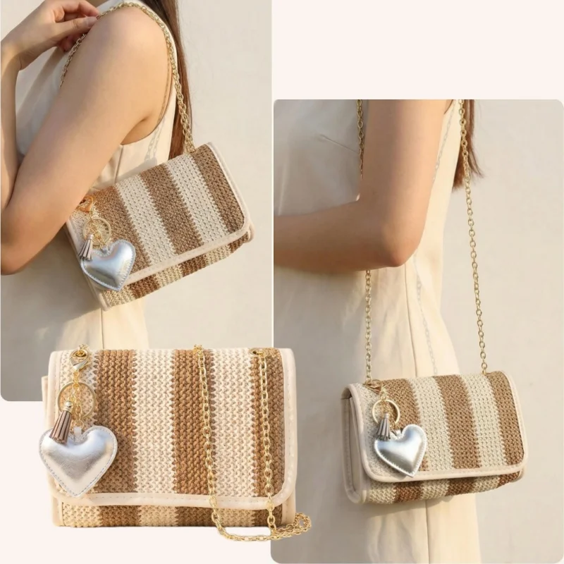 2026 Women's Straw Bags Color-Blocked Camera Bags Printed Striped Woven Bags Fashionable Crossbody Bags