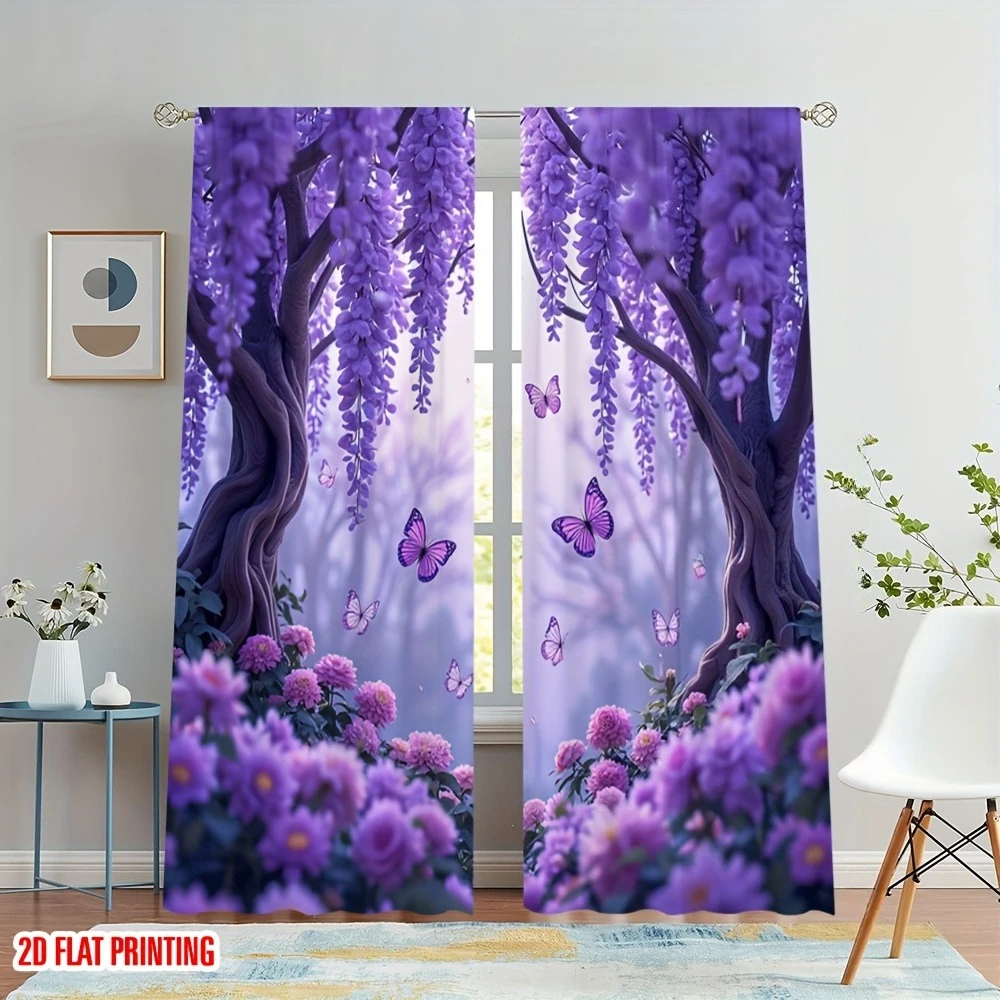 2PCS Purple Wisteria & Butterfly Sheer Curtains – Elegant 2D Floral Print for Living Room Bedroom Office