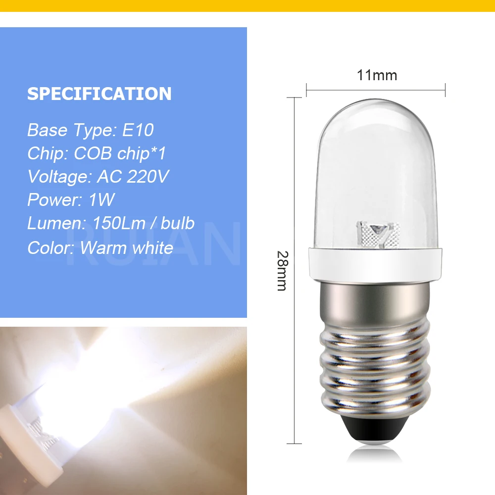 Ruiandsion 2pcs E10 AC220V LED Bulb 1W For Christmas String Lights Vintage Lamp Decoration Commercial Indicator Lighting White - view 5