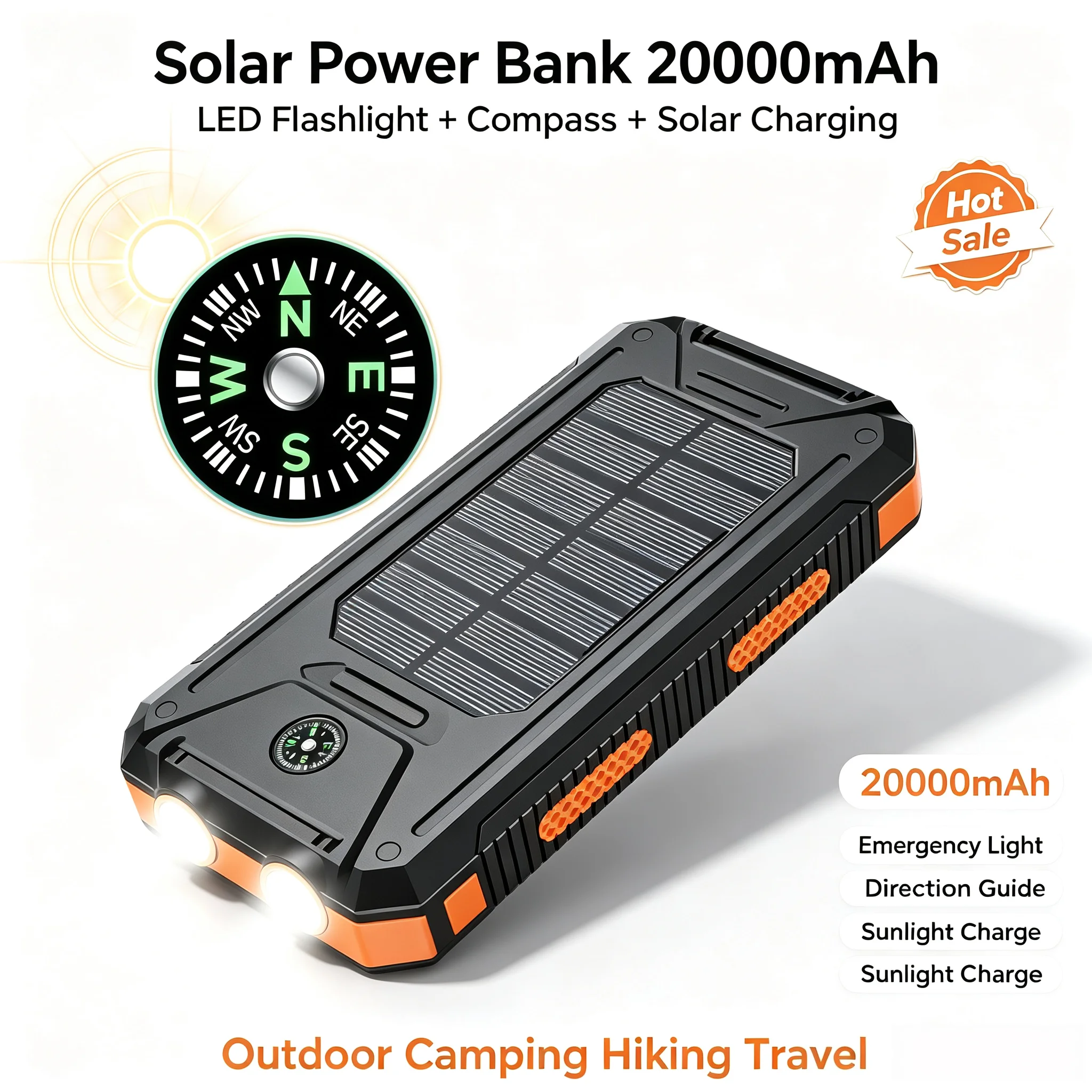 20000mAh Portable Solar Power Bank External Battery Pack With LED Light Compass USB Output Outdoor Emergency Backup Power