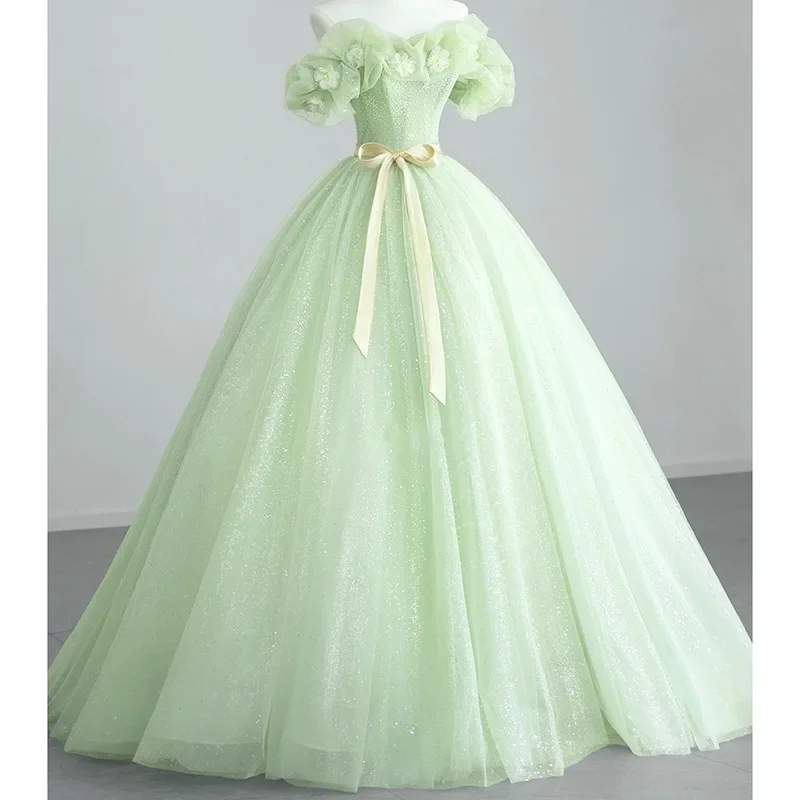 

Shiny Ball Gown Green Evening Dresses Sequins Flowers Prom Birthday Party Gowns Formal Vestido De Noche robes de soirée