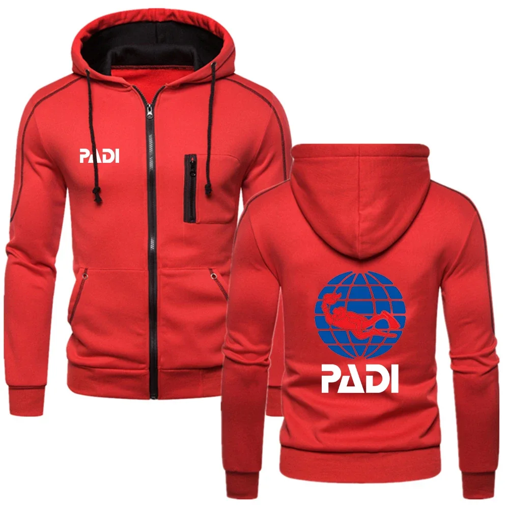 2024 Scuba Driver Padi Logo Print Fashion Solid Color Hoodies Spring Autumn Men's Cardigan Zipper Long Sleeve Hooded Sweatshirts