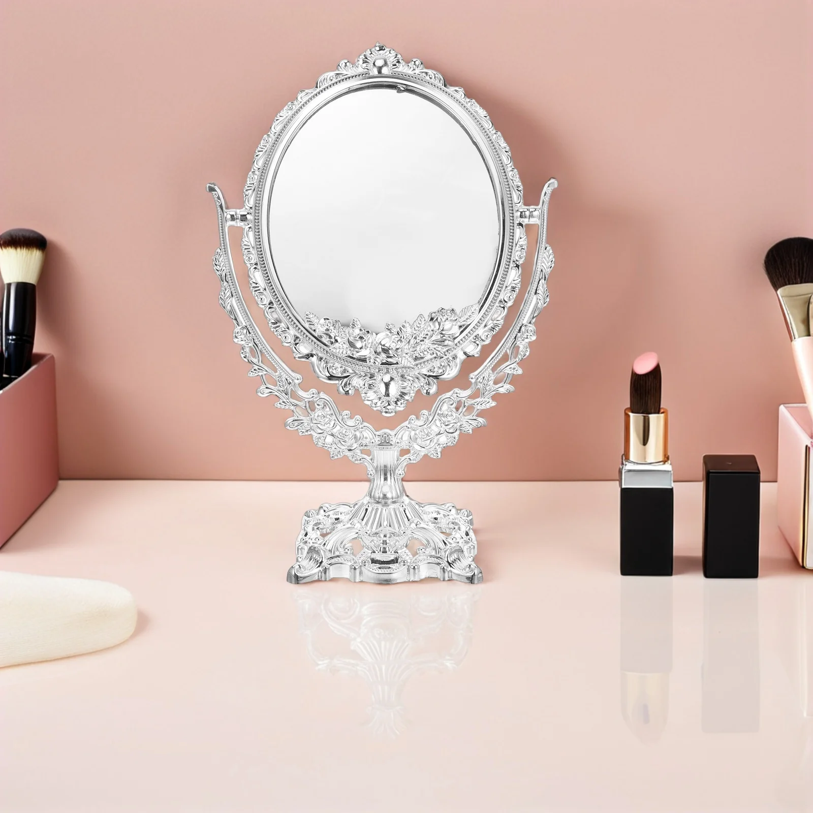 مرآة ماكياج خمر 360 قطب البيضاوي مزدوجة الوجهين عالية الوضوح الغرور منضدة الزينة الرجعية سطح المكتب مرآة مكتب دوارة