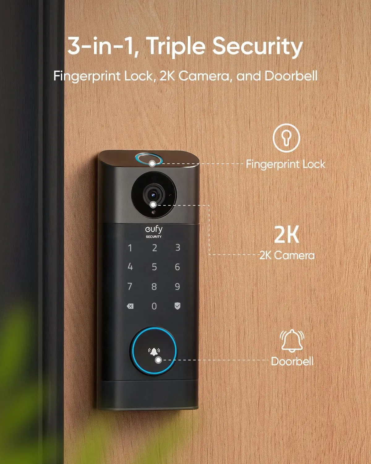 eufy Security Video Smart Lock S330 Chime Included 3-in-1 Camera Doorbell Fingerprint Keyless Entry BHMA WiFi Door Lock