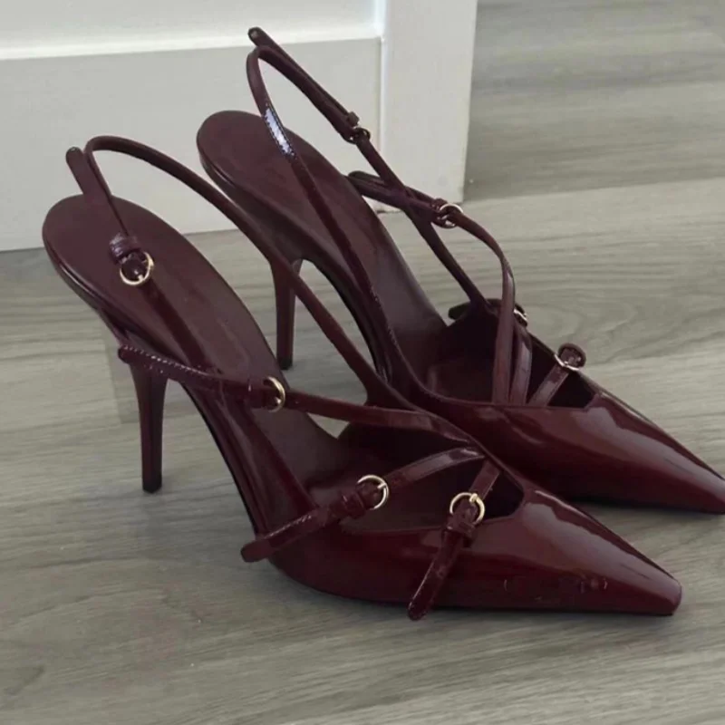 

Buckle Strap Stiletto Pumps Wine Red Pointed Toe Thin High Heels Sandals Patent Leather Women 2025 New Fashion Dress Shoes