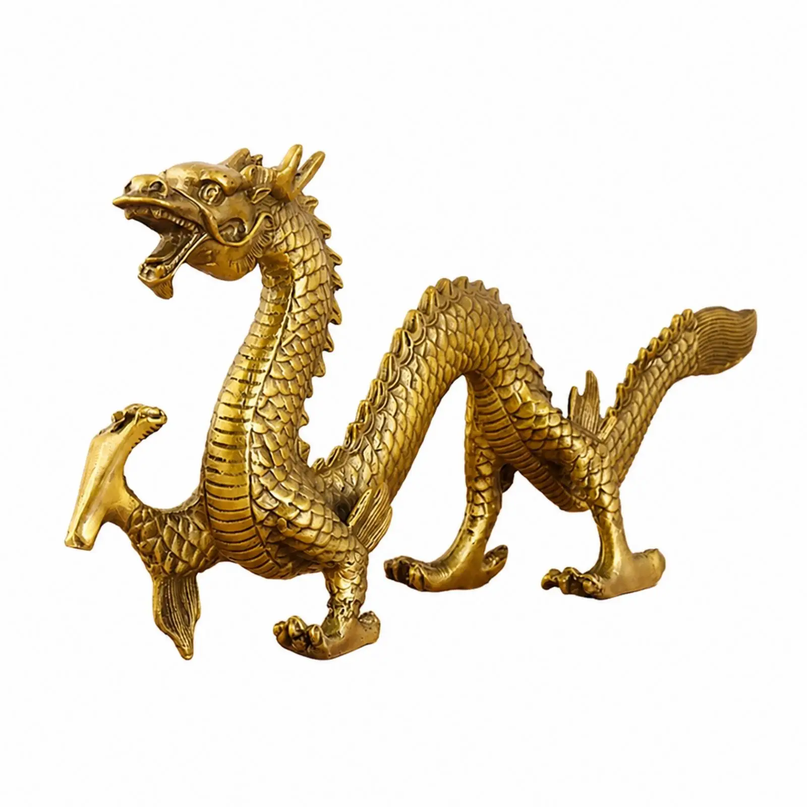 Chinese Brass Dragon Statue Elaborate Carved Body Antlers Open Mouth Ornament for Office Desk Home Accent