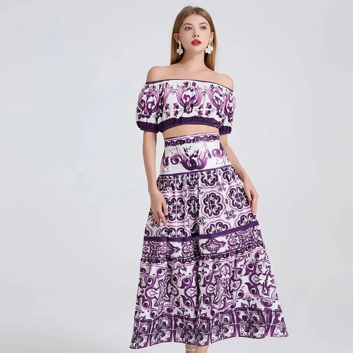 

Summer Sexy Off Shoulder Two Piece Sets Women Short Sleeve Strapless Shirt Crop Top High Waist Long Skirt Vintage Outfits