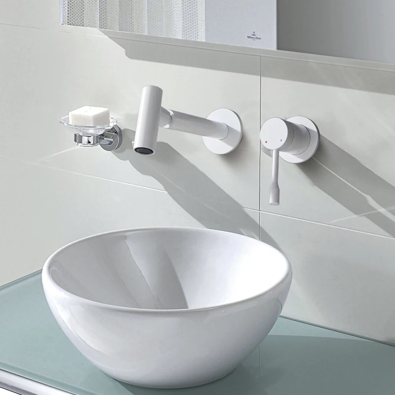 

Wall Mounted Bathroom Basin Sink Faucet Double Hole Hot Cold Water Mixer Tap 360° Rotation Bathroom Vanity Sink Faucet White
