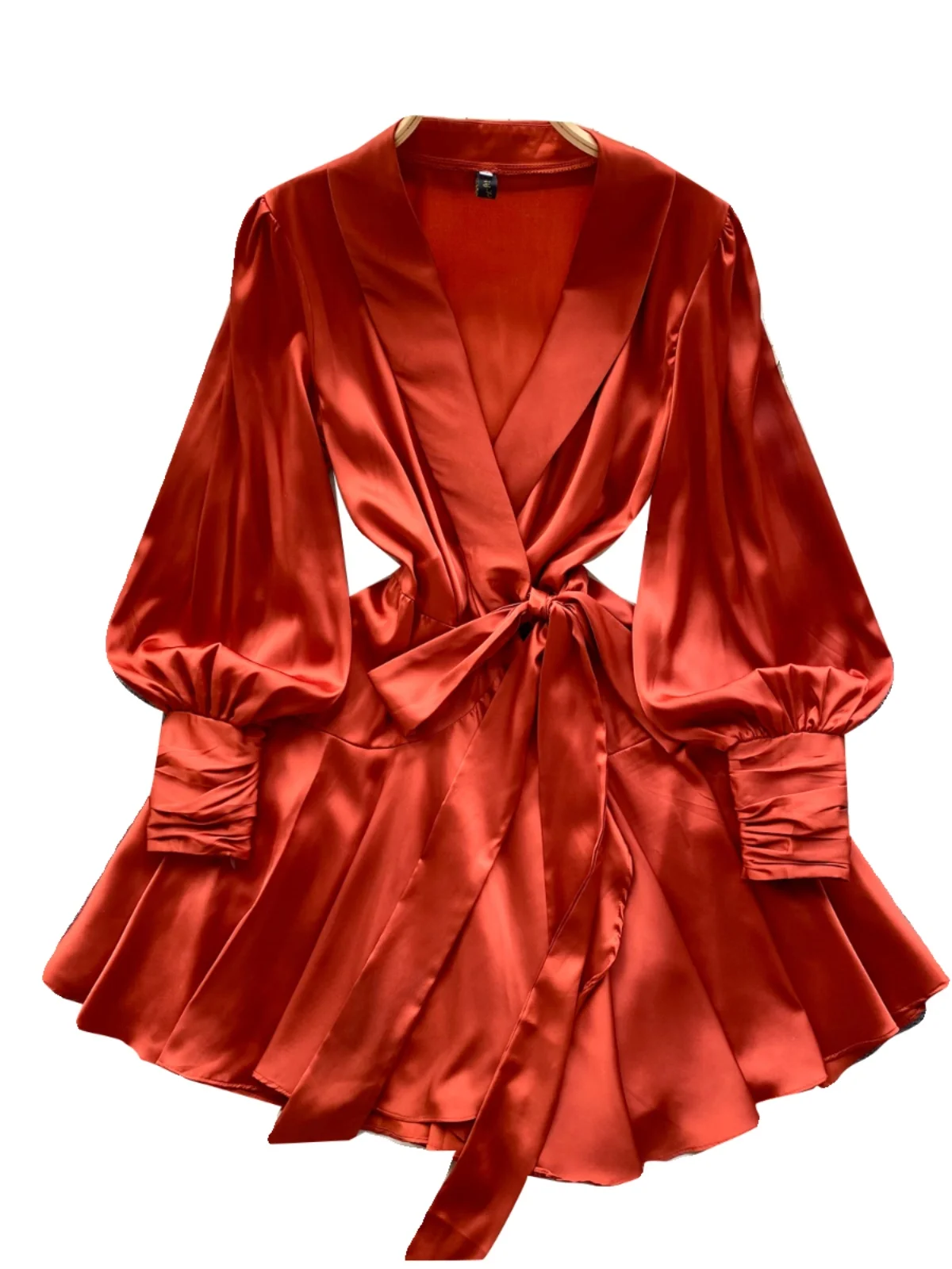 우아한 새틴 버블 슬리브 원피스 드레스 여성 패션 봄 2024 하이 웨이스트 A라인 스커트 롱 슬리브 미디 길이 드레스