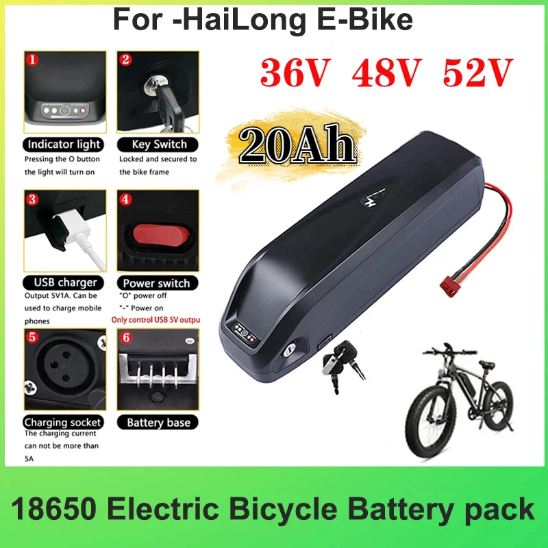 Original 18650 Battery 36V 48V 52V 20AH Hailong Electric Bicycle Battery 30A BMS 350W 500W 750W 1000W Free Charger