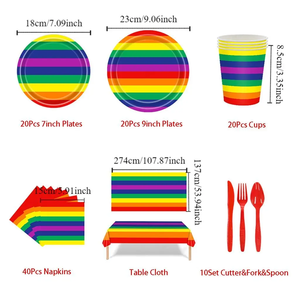 Servilletas de vajilla a rayas de arcoíris coloridas, suministros para fiesta del Día del Orgullo, platos de papel desechables, no se deforma fácilmente, creativos