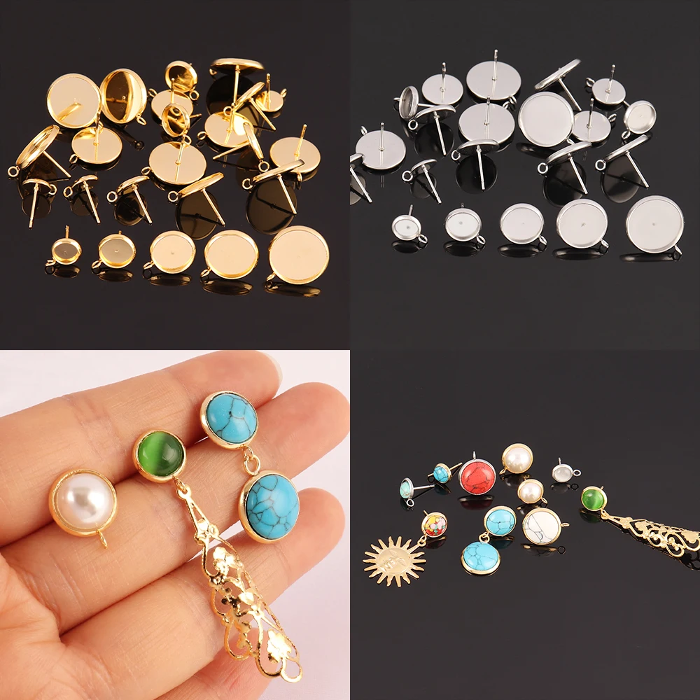 10pcs Stainless Steel Stud Earring Base Glass Cabochon Blank Base Settings Bezels Tray Round DIY Earrings Jewelry Making Finding