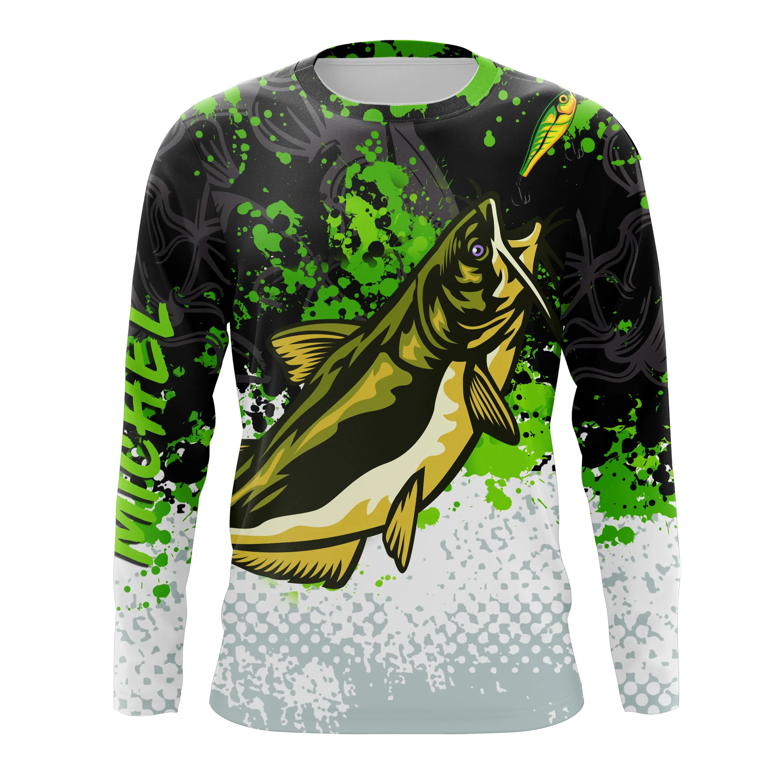 Catfish Splash Graffiti Crew Neck Long Sleeve T-Shirt, Lightweight Smooth Tee Street Style & Casual Fishing, Graphic Art Lovers