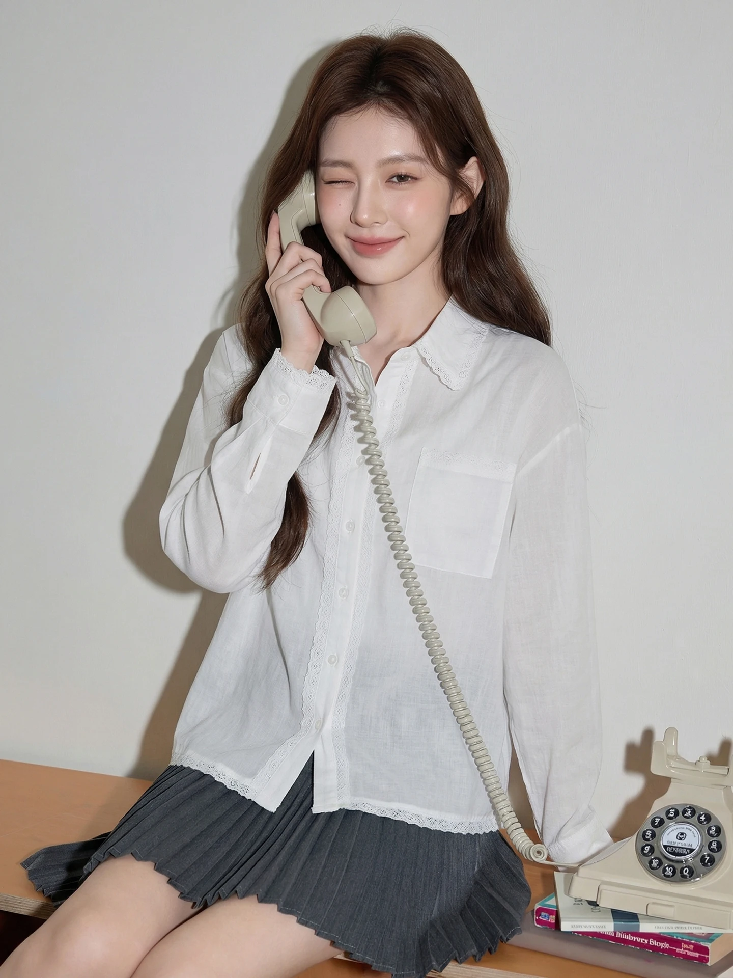 

Loose Fit Long Sve White Lace Trim irt Women's Summer Thin Design Korean Sle Sun Protection Top Casual Faion