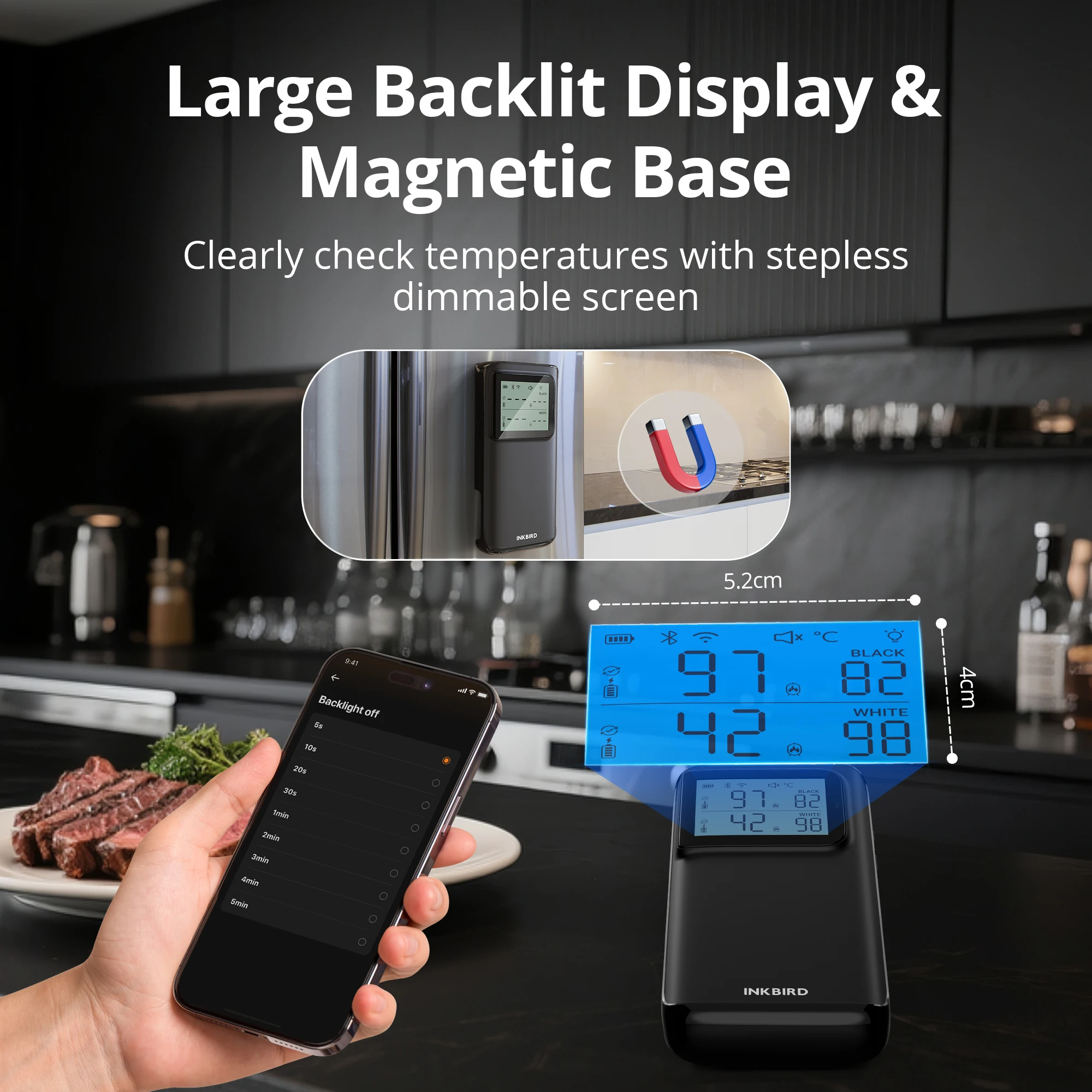 インクバード INT-12E-BW ワイヤレス肉用温度計、WiFi 5G&Bluetooth 5.4、5センサー、25時間バッテリー、IP67、CNAS認証済み（グリル/オーブン用）