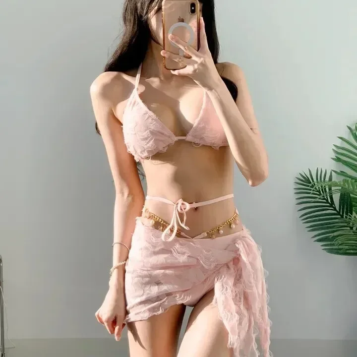 

Sexy Bikini Set Three Pieces Women's Swimsuit Small Chest Gather Thin Beach Vacation Pure Desire Hang Chain Spicy Girl