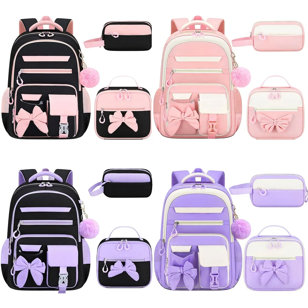 Spine Backpack Spine Girls School Backpack Color Block Backpack Breathable Bow School Bag Set For Daily Outings Outdoor Travel