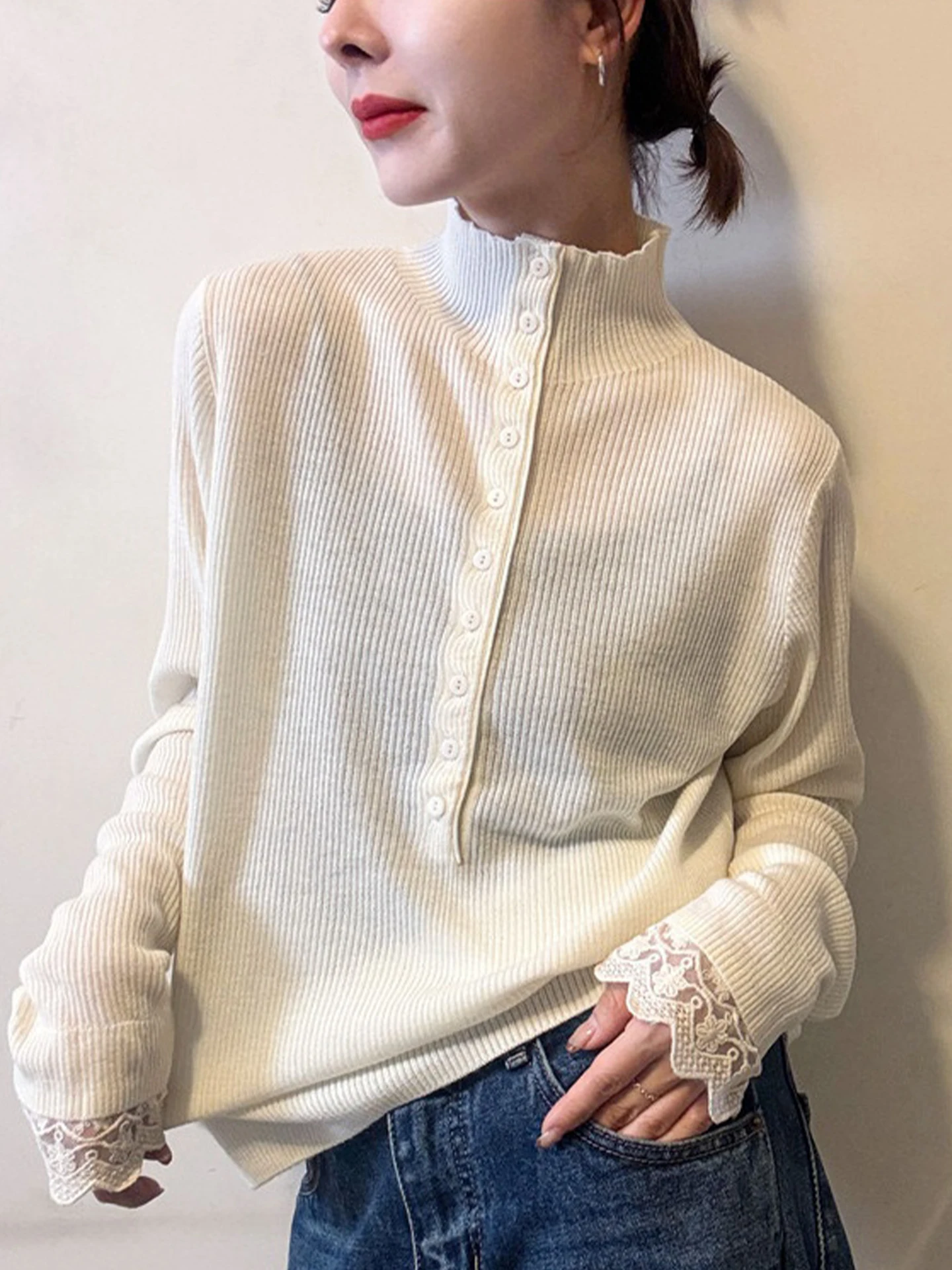 الشتاء Faion تنوعا طويلة Sve محبوك الدانتيل الربط تصميم f عالية طوق Camere المرأة سترة مريحة تناسب #1