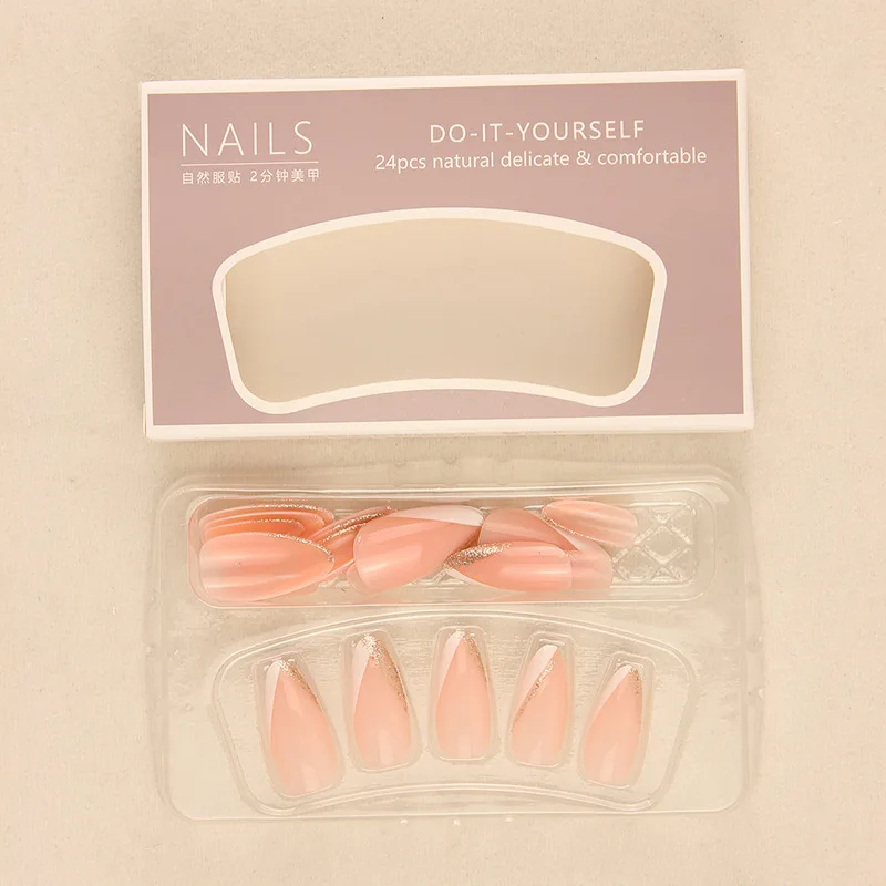 24Pcs White Gold False Nail Tips For Women luxury Style Removable Press On Nail Sticker  Finished Fake Nails